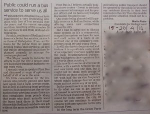 Letter in the Post after I took up residents' issues around local bus services. I visited First Bus and discussed how new services could serve our area better.